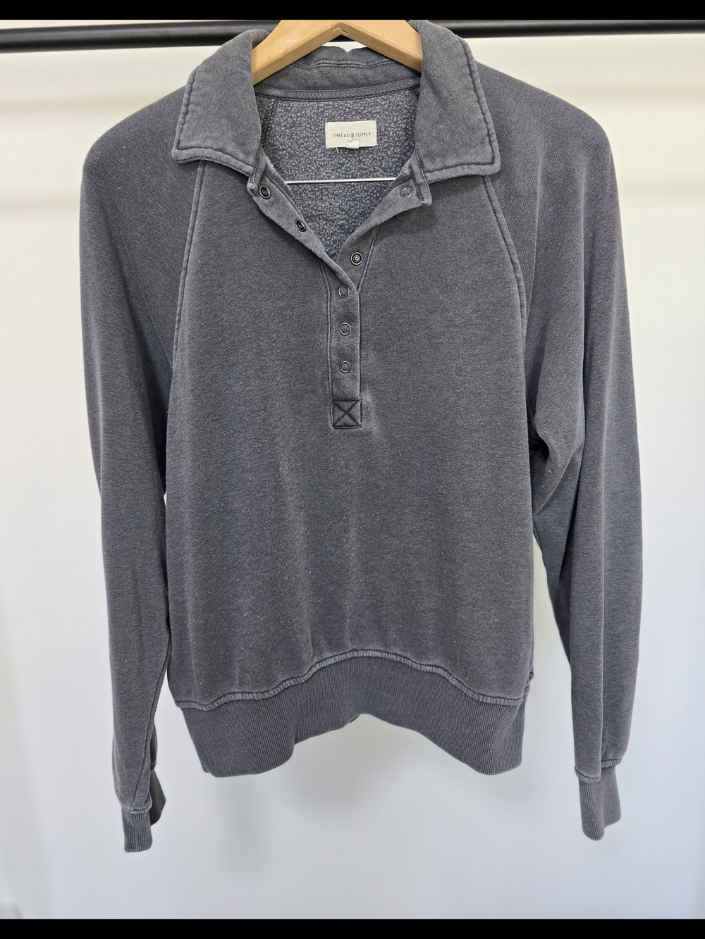 Thread & Supply Charcoal Grey Snap-Button Collar Crewneck Sweater